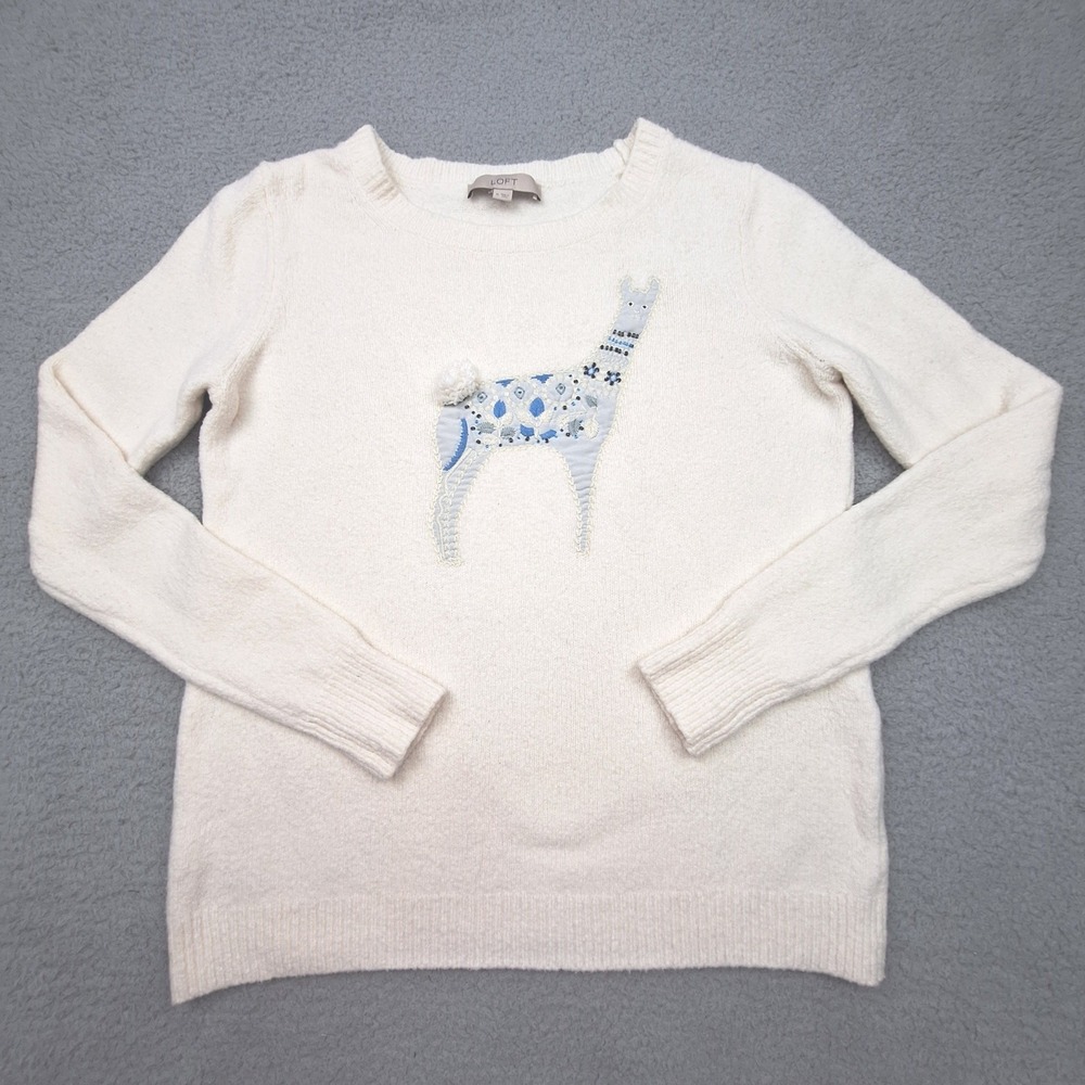 LOFT Sweater Womens Medium Ivory Llama Embroidered Beaded Pullover Crew Neck